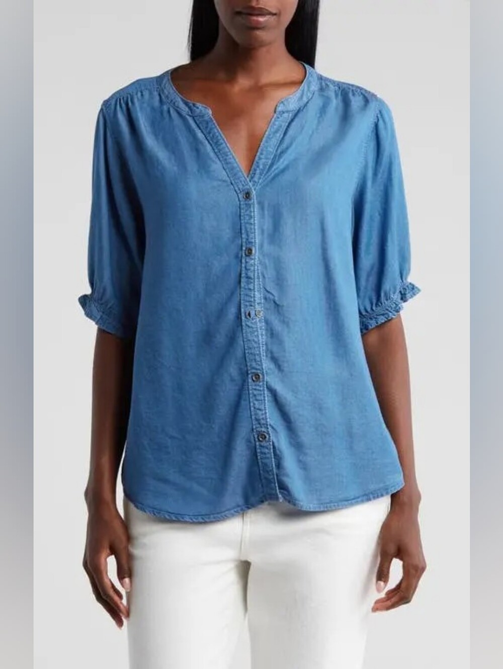 Nordstrom Beach Lunch Lounge Jolyn Ruffle Sleeve Button-Front Chambray Top - M